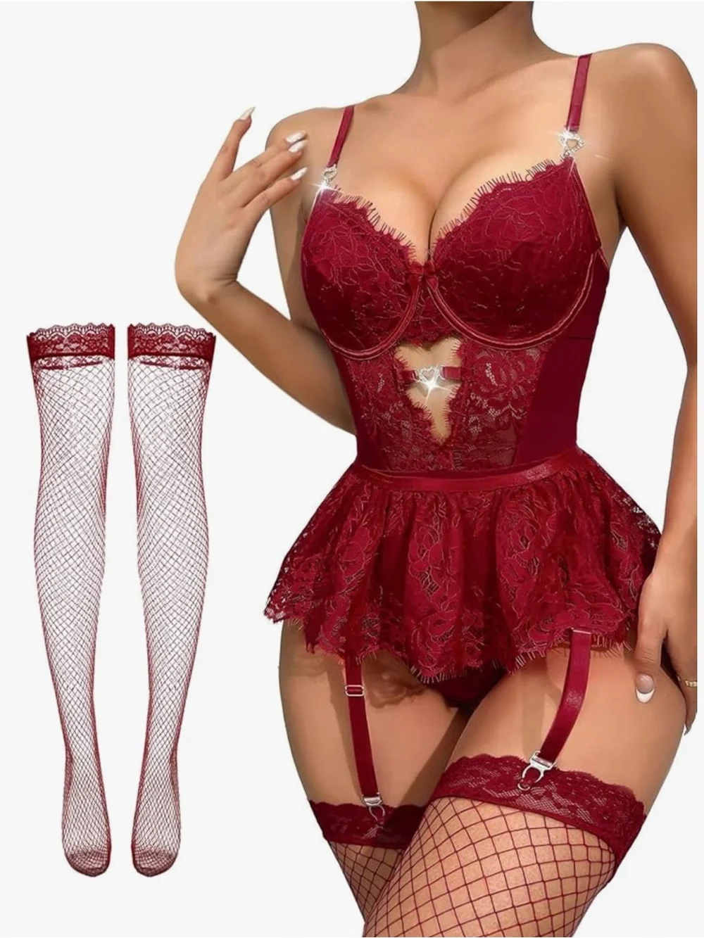Red Lace Bodysuit Lingerie Set - Women's Intimates